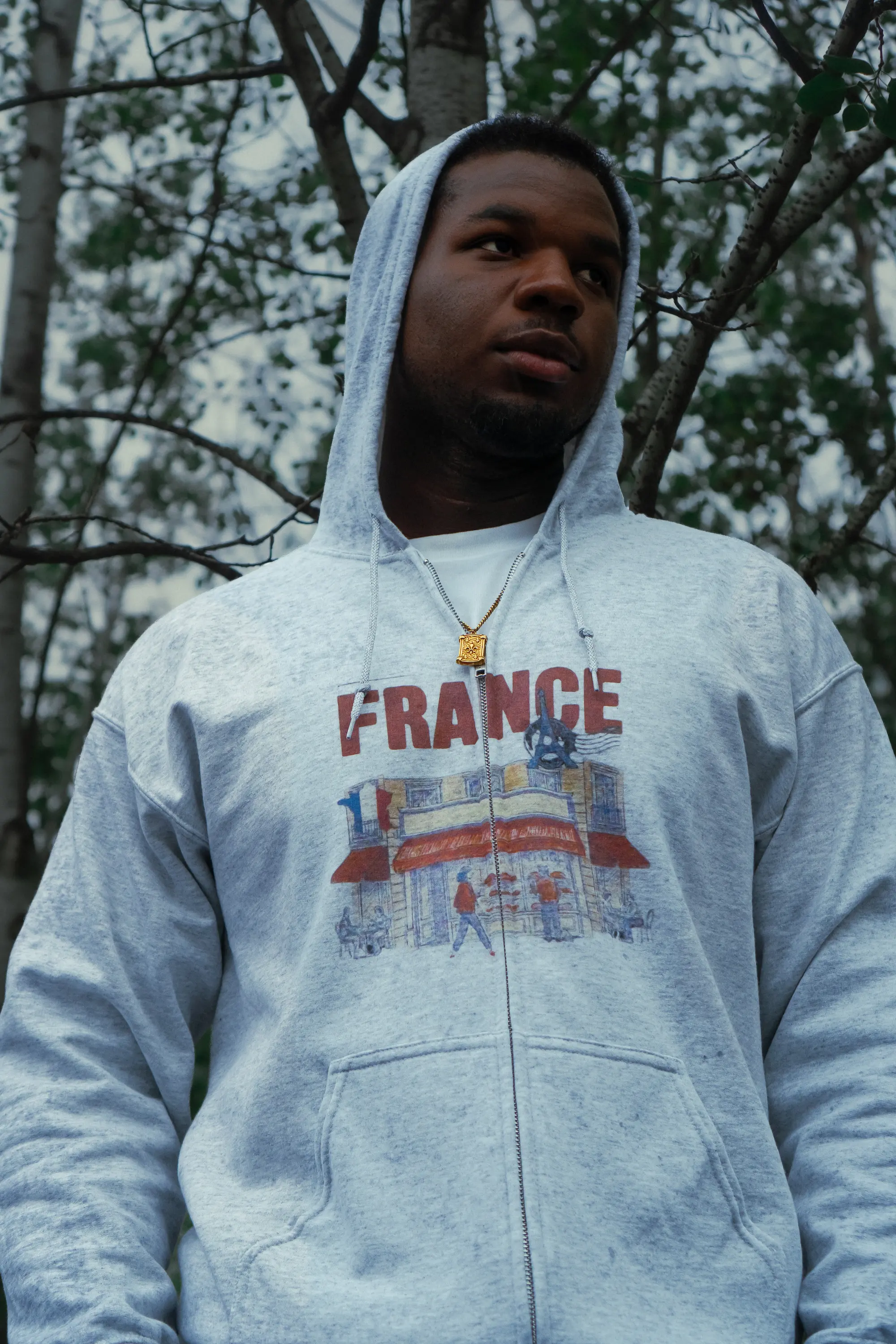 Model wearing a gray France graphic zip hoodie outdoors among trees