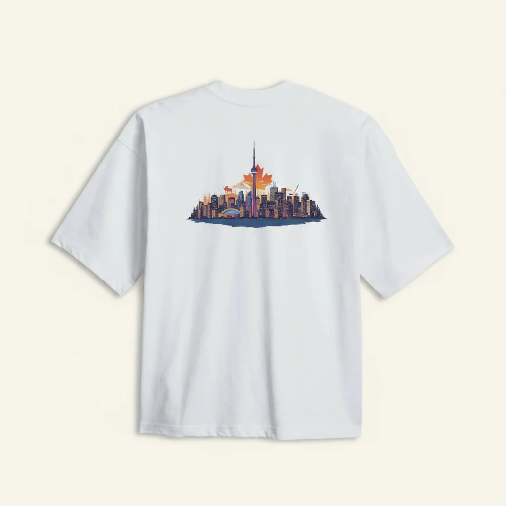 White T-shirt with the Toronto skyline printed on the back
