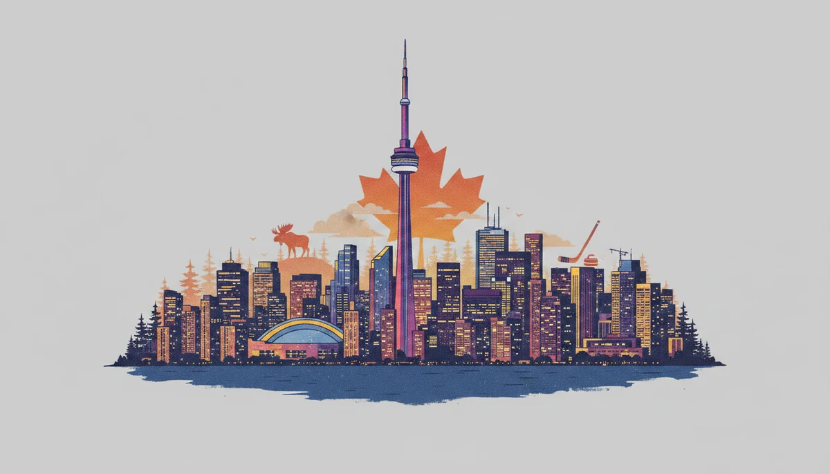 Toronto skyline illustration with the CN Tower and an orange maple leaf